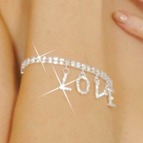 RHINESTONE LOVE SILVER BRACELET - Picture 1 of 1